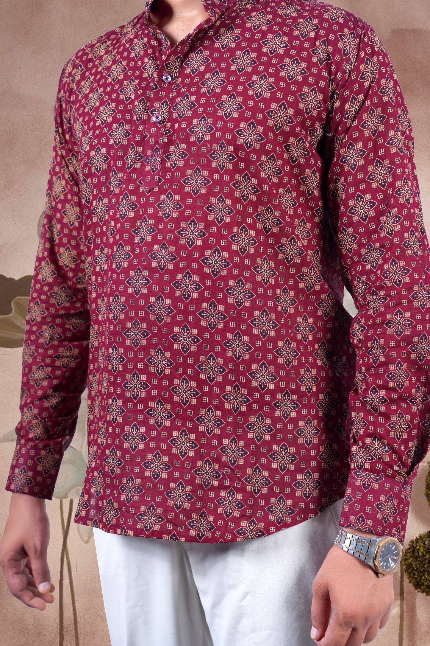 Maroon Ajrakh Digital Print Cotton Short Kurta
