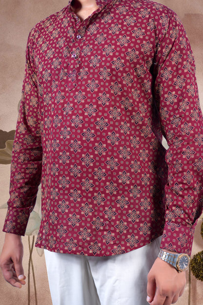 Maroon Ajrakh Digital Print Cotton Short Kurta