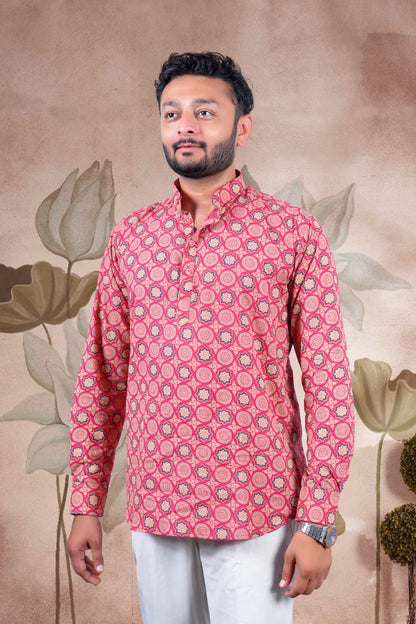 Pink Ajrakh Digital Print Cotton Short Kurta