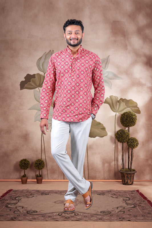 Pink Ajrakh Digital Print Cotton Short Kurta
