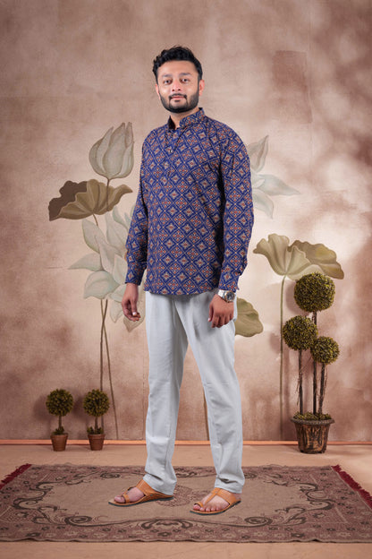 Navy Ajrakh Digital Print Cotton Short Kurta