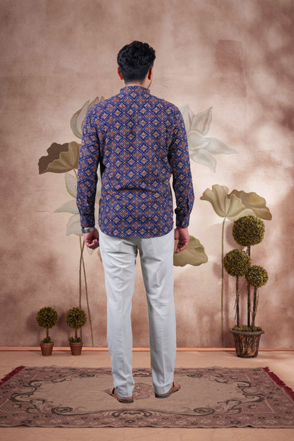 Navy Ajrakh Digital Print Cotton Short Kurta