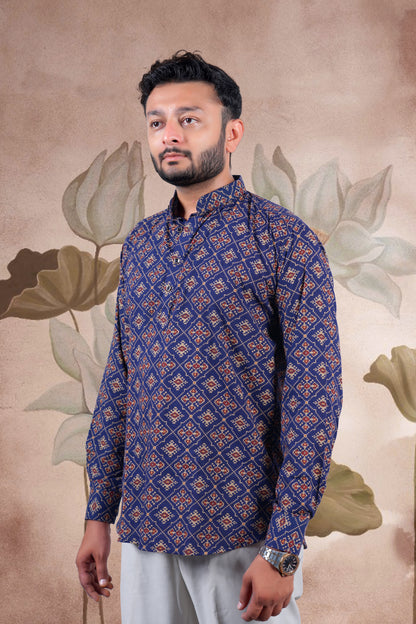 Navy Ajrakh Digital Print Cotton Short Kurta