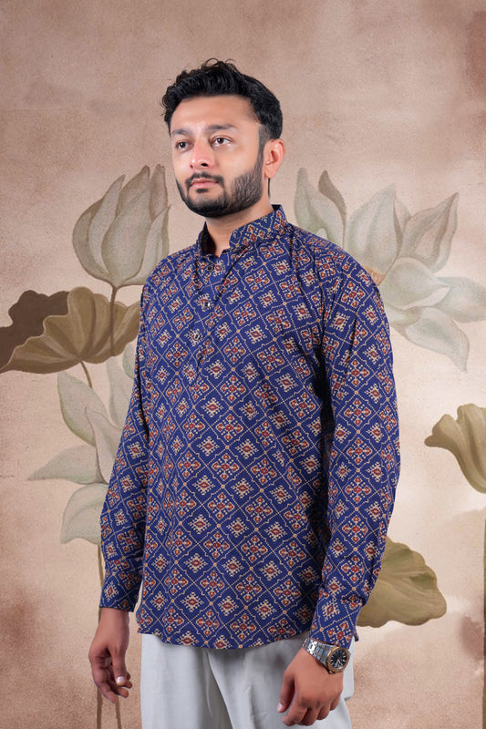 Navy Ajrakh Digital Print Cotton Short Kurta