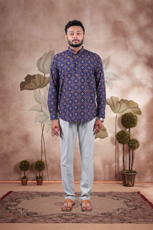 Navy Ajrakh Digital Print Cotton Short Kurta