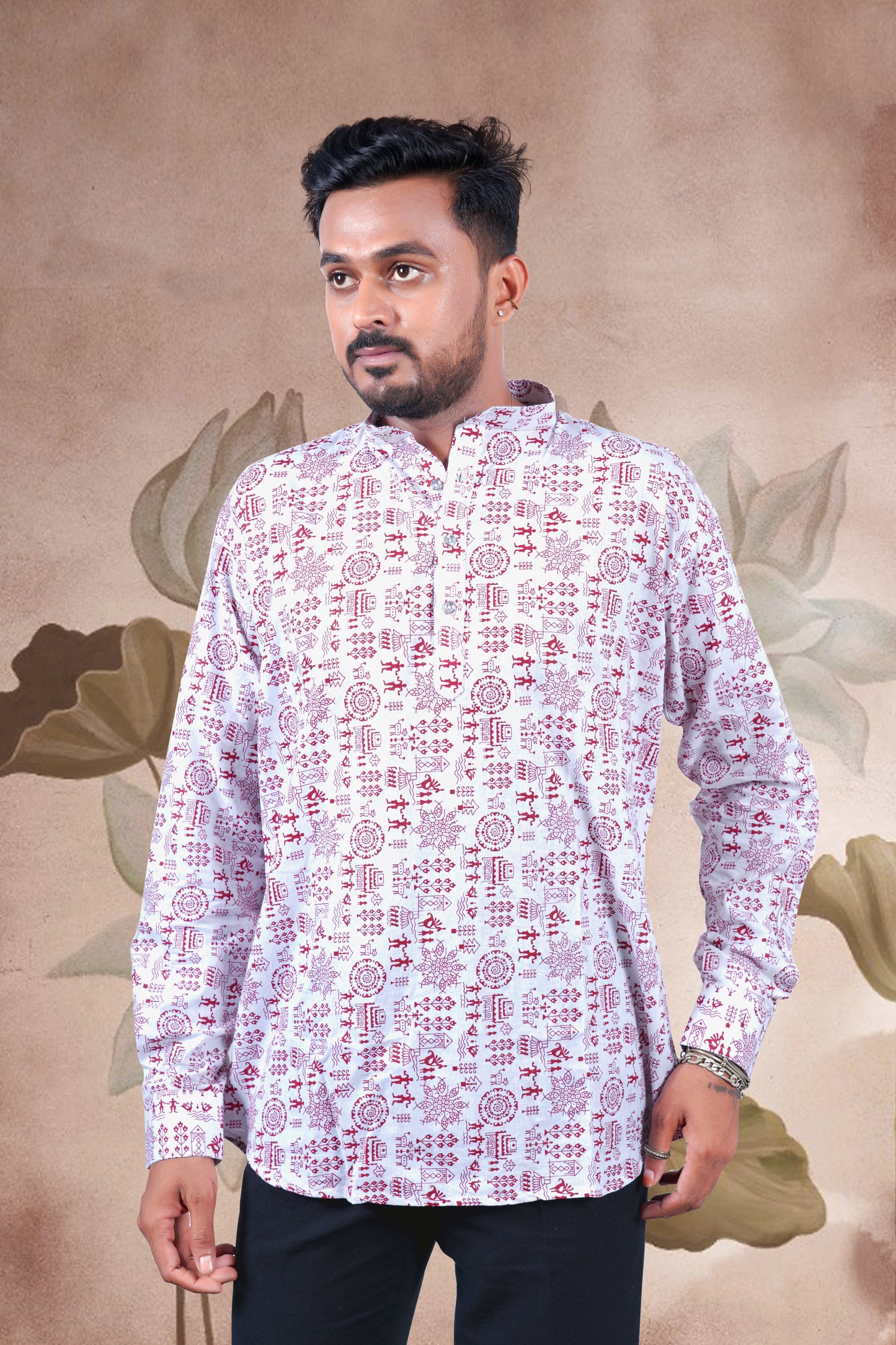 White Warli Art Digital Print Cotton Short Kurta