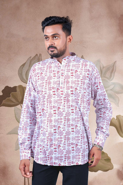 White Warli Art Digital Print Cotton Short Kurta
