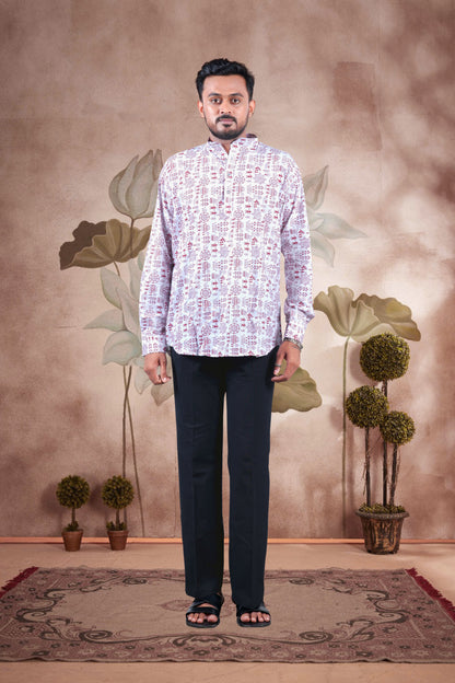 White Warli Art Digital Print Cotton Short Kurta