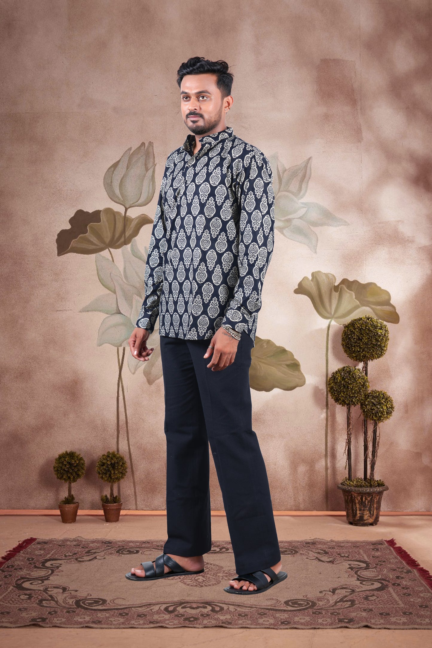 Black Paisley Print Cotton Short Kurta