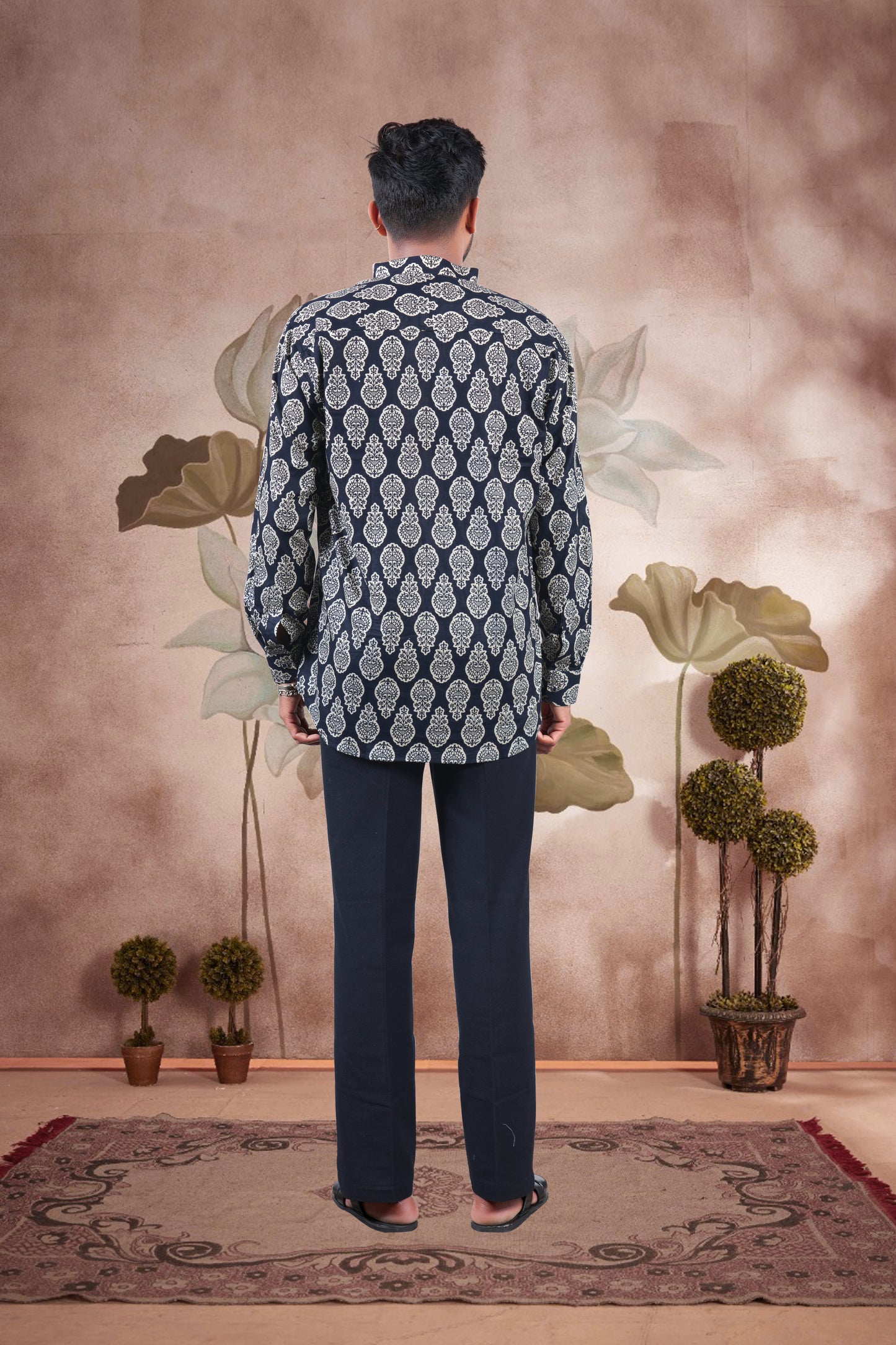 Black Paisley Print Cotton Short Kurta