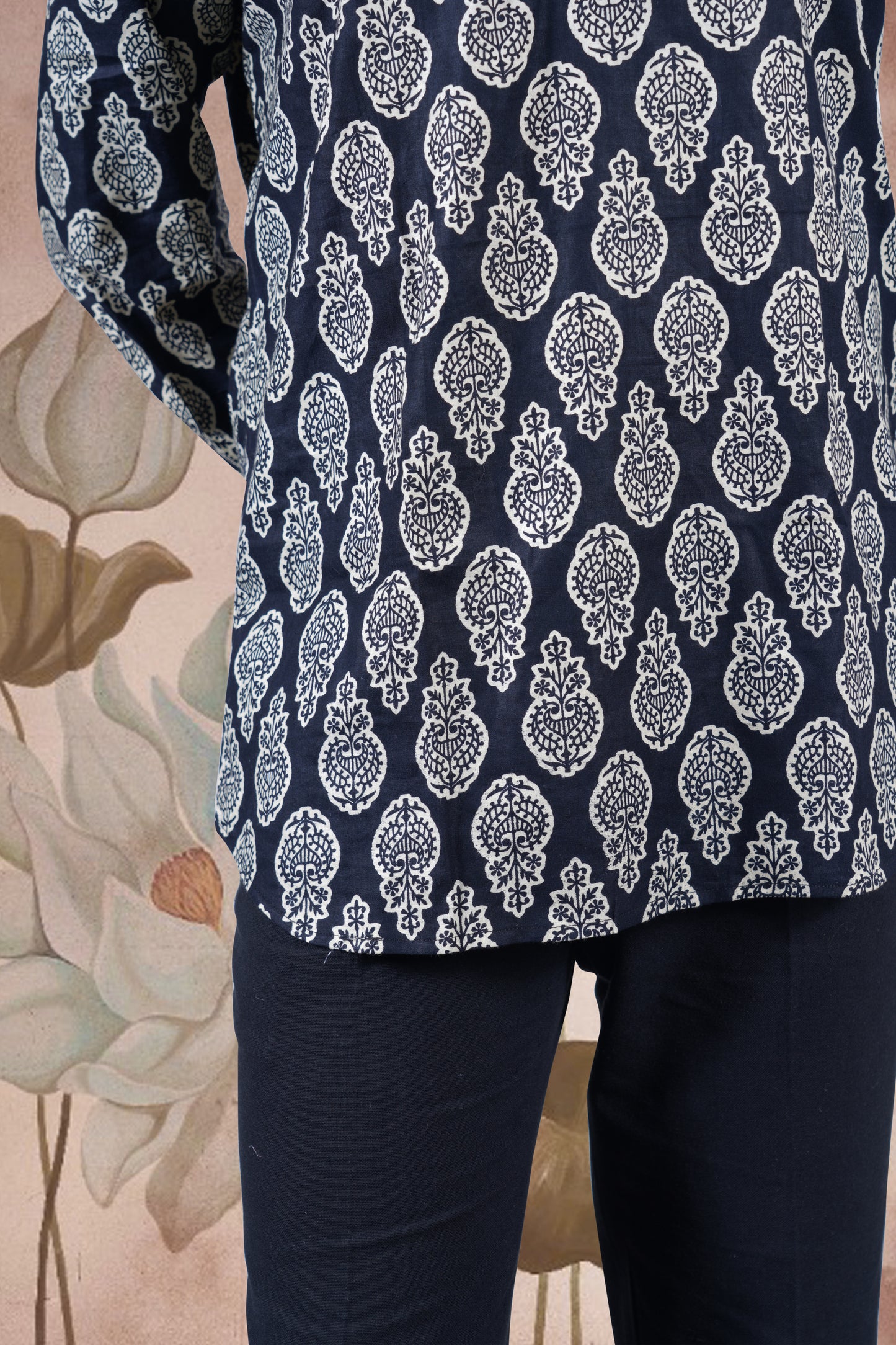 Black Paisley Print Cotton Short Kurta