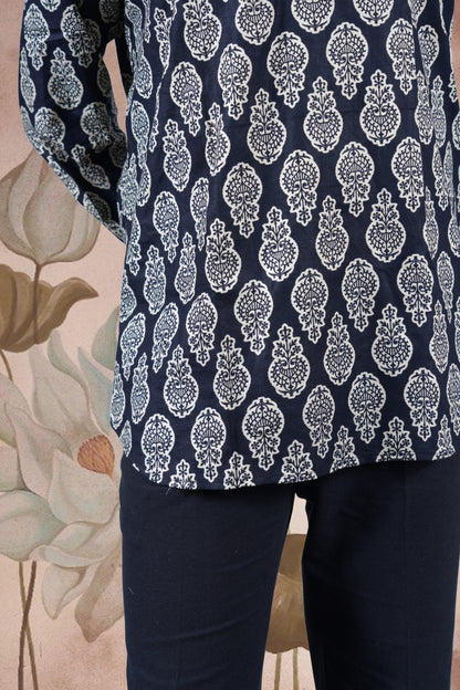 Black Paisley Print Cotton Short Kurta