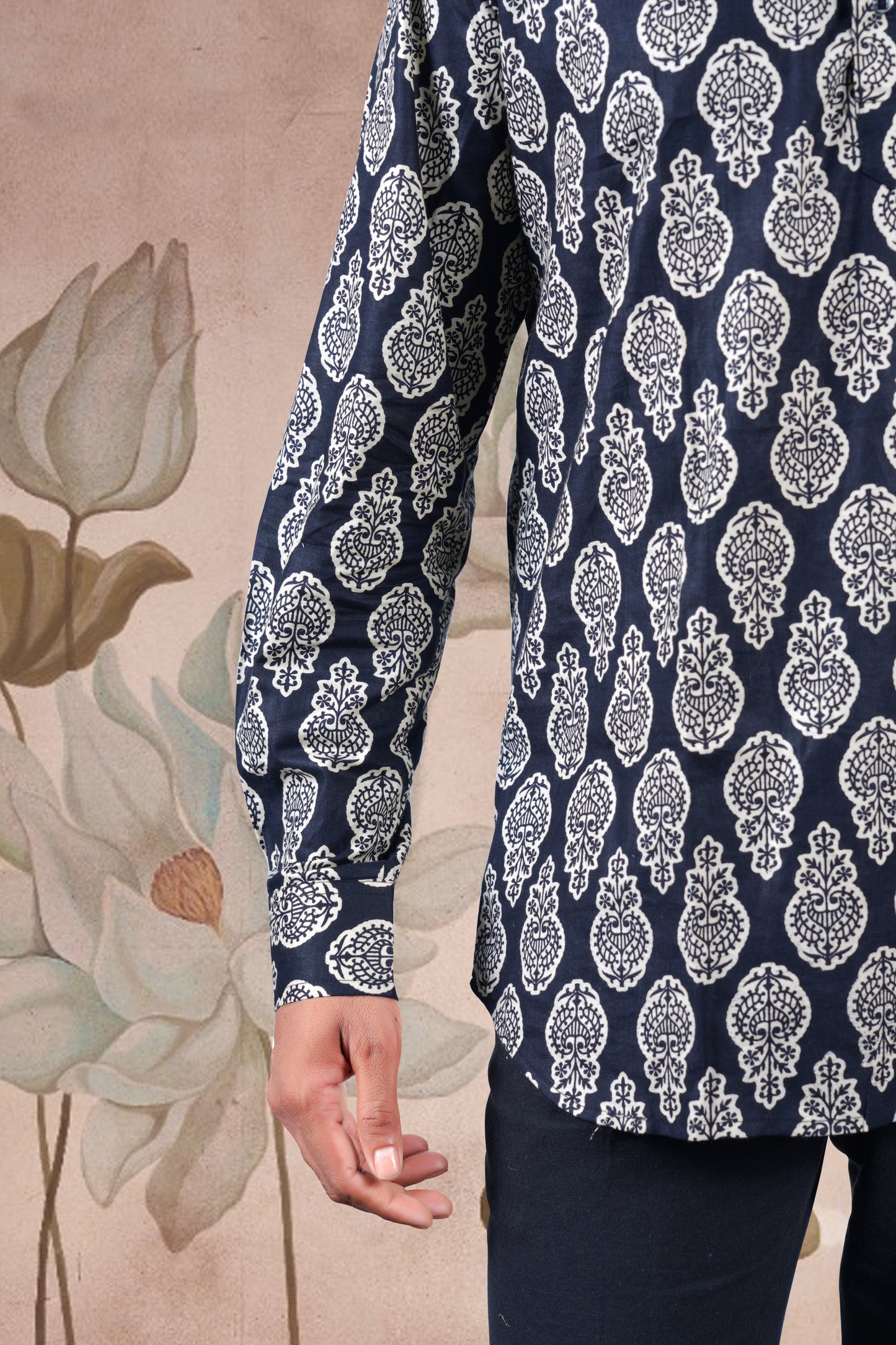 Black Paisley Print Cotton Short Kurta