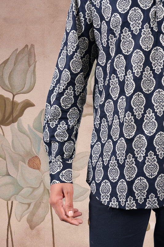 Black Paisley Print Cotton Short Kurta