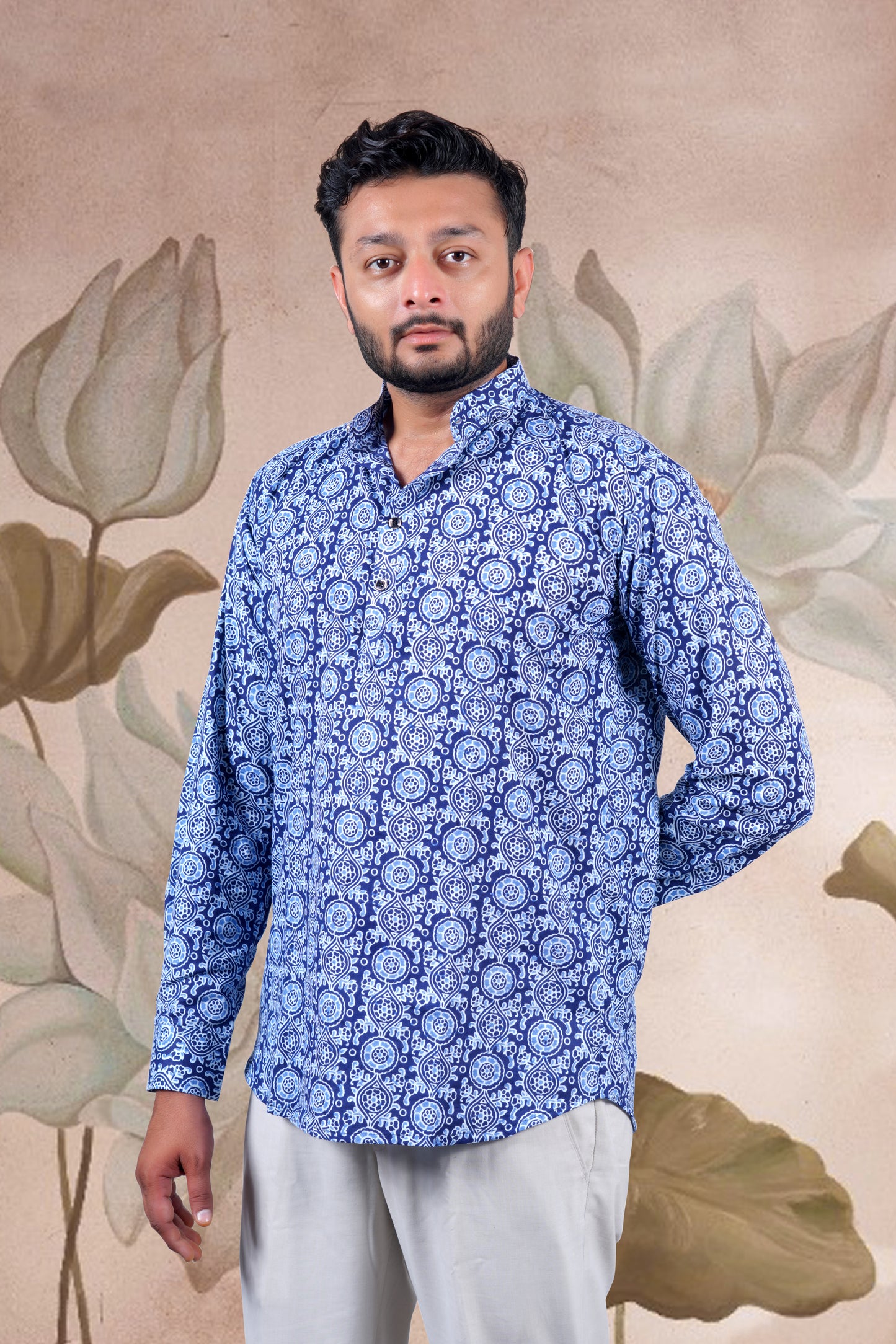 Indigo Circular Print Cotton Short Kurta