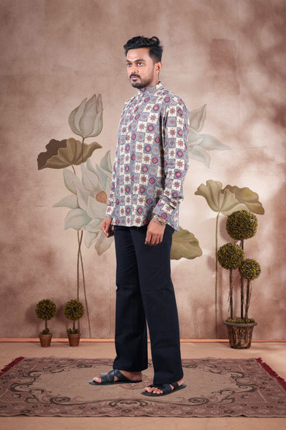 Beige Ajrakh Digital Print Cotton Short Kurta