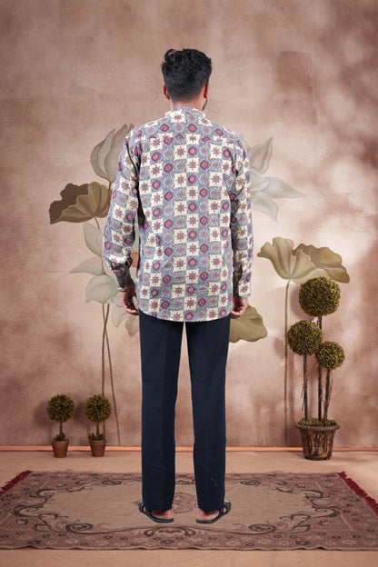 Beige Ajrakh Digital Print Cotton Short Kurta