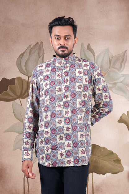 Beige Ajrakh Digital Print Cotton Short Kurta