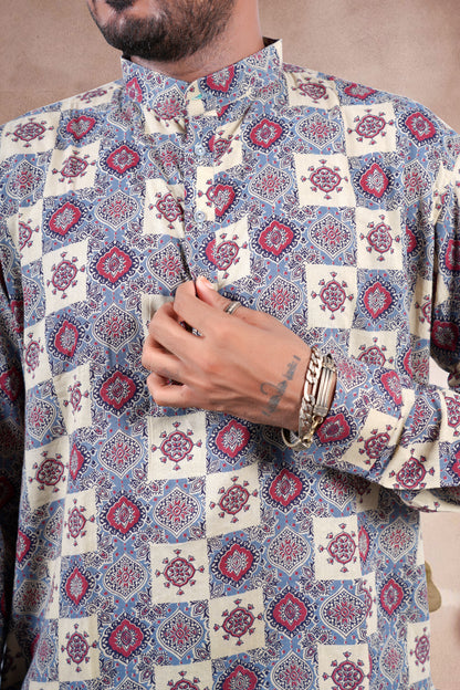 Beige Ajrakh Digital Print Cotton Short Kurta