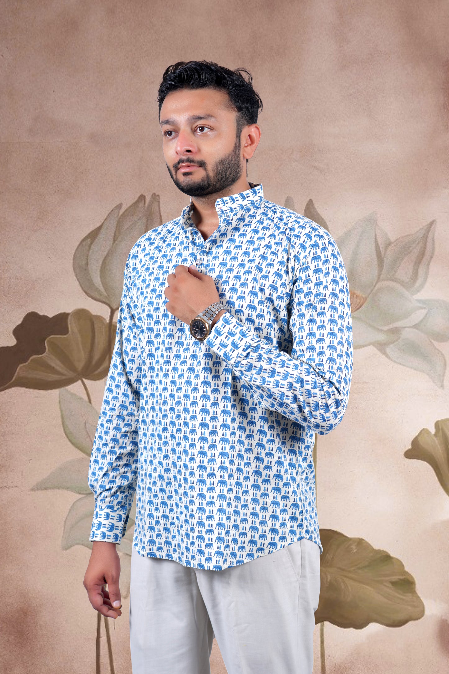 Cream Animal Print Cotton Short Kurta