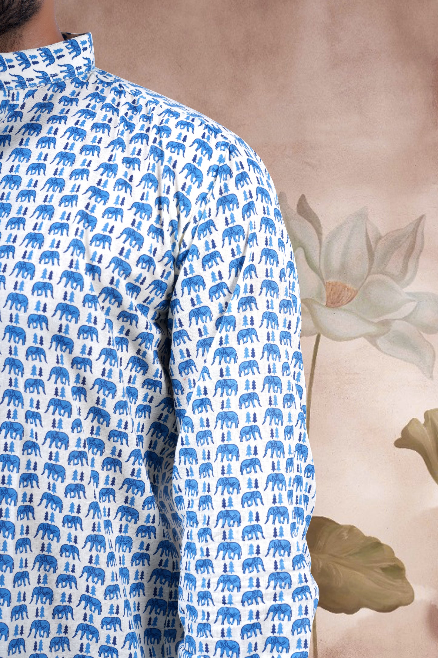 Cream Animal Print Cotton Short Kurta