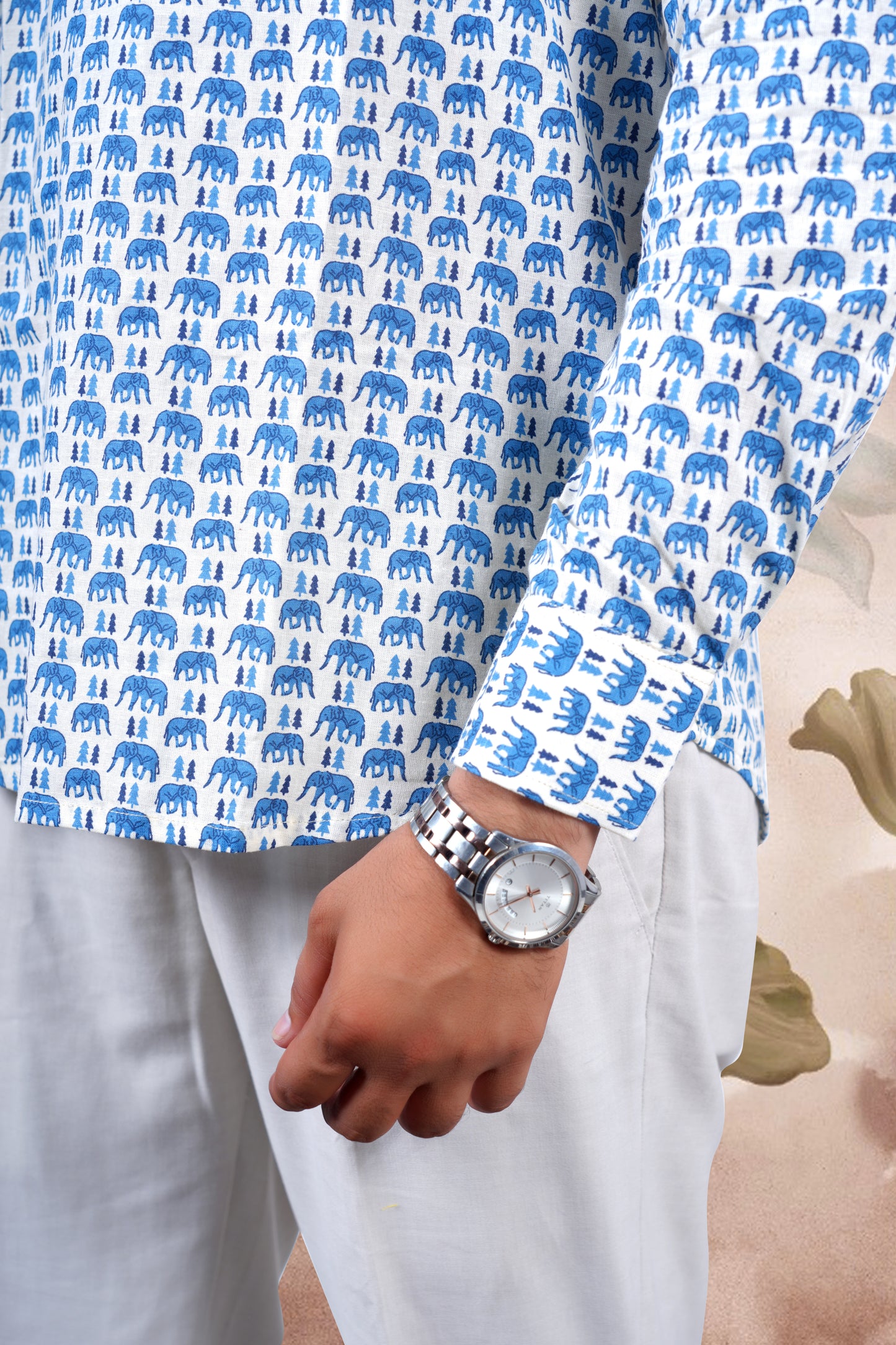 Cream Animal Print Cotton Short Kurta