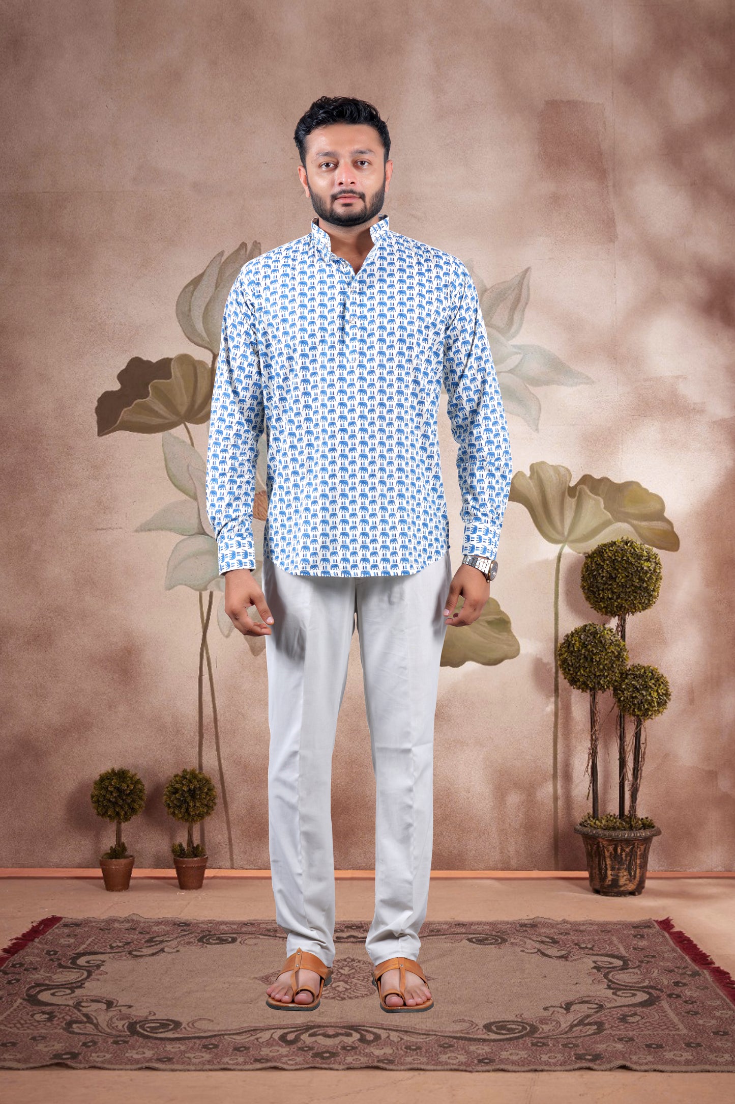 Cream Animal Print Cotton Short Kurta