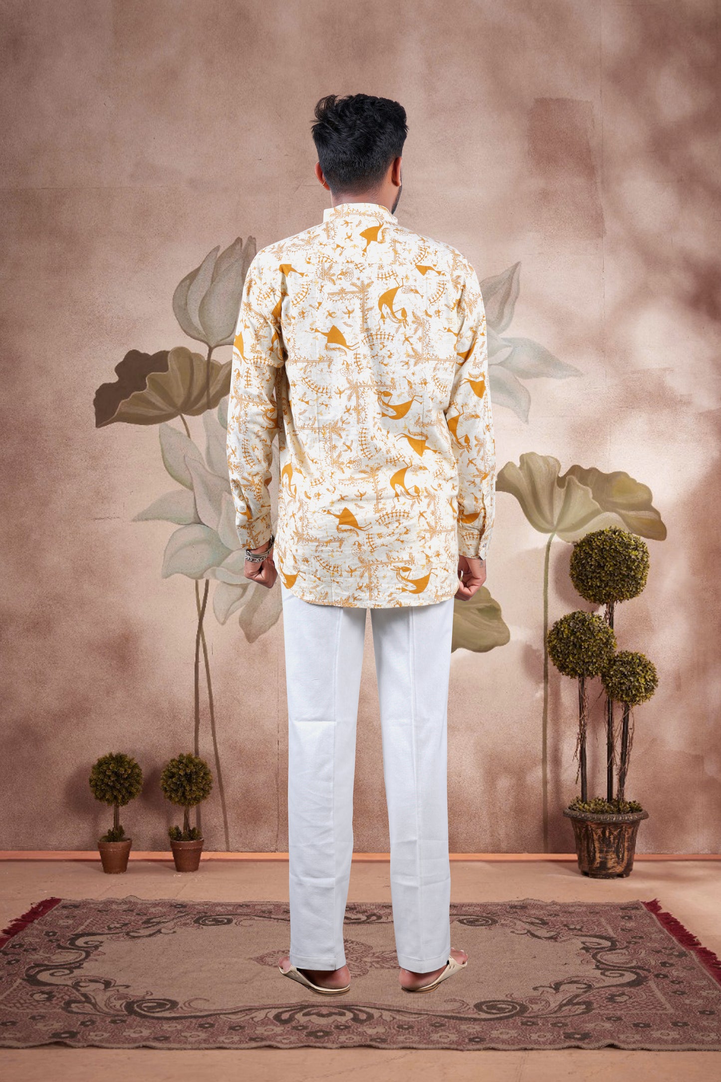 Mustard Warli Print Cotton Short Kurta