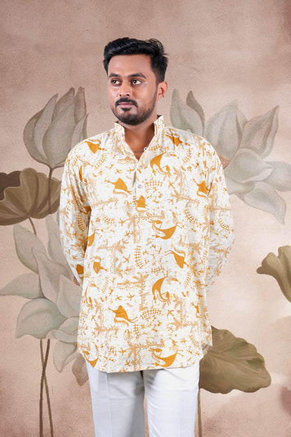 Mustard Warli Print Cotton Short Kurta
