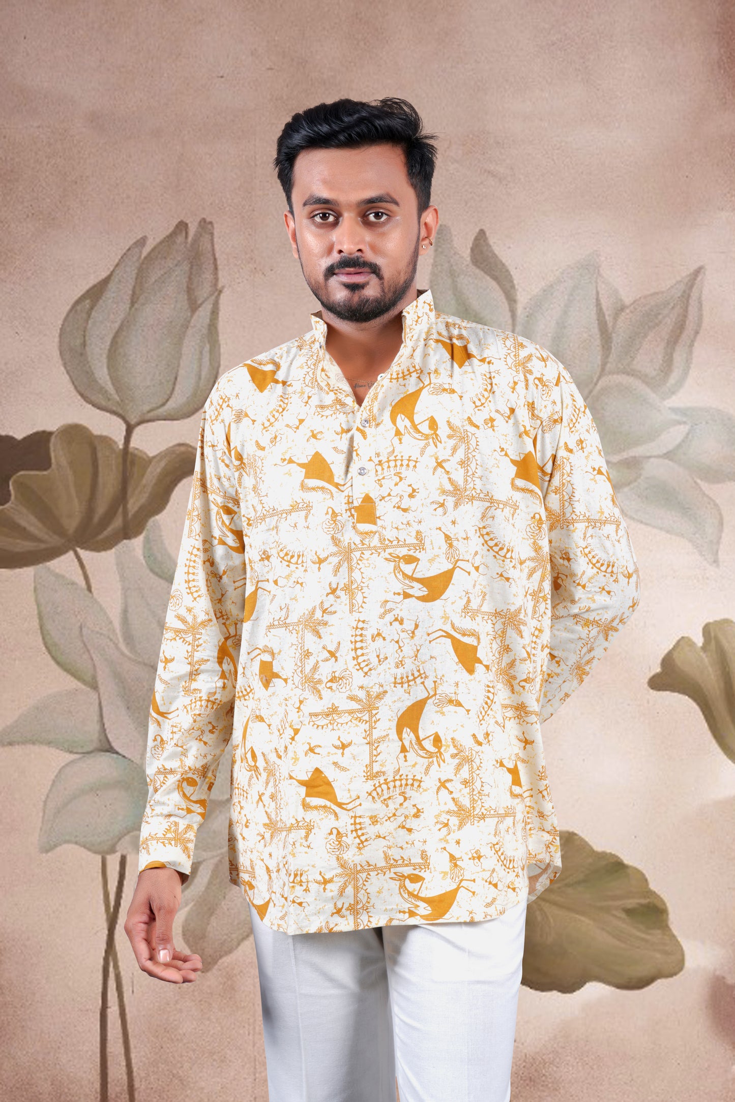 Mustard Warli Print Cotton Short Kurta