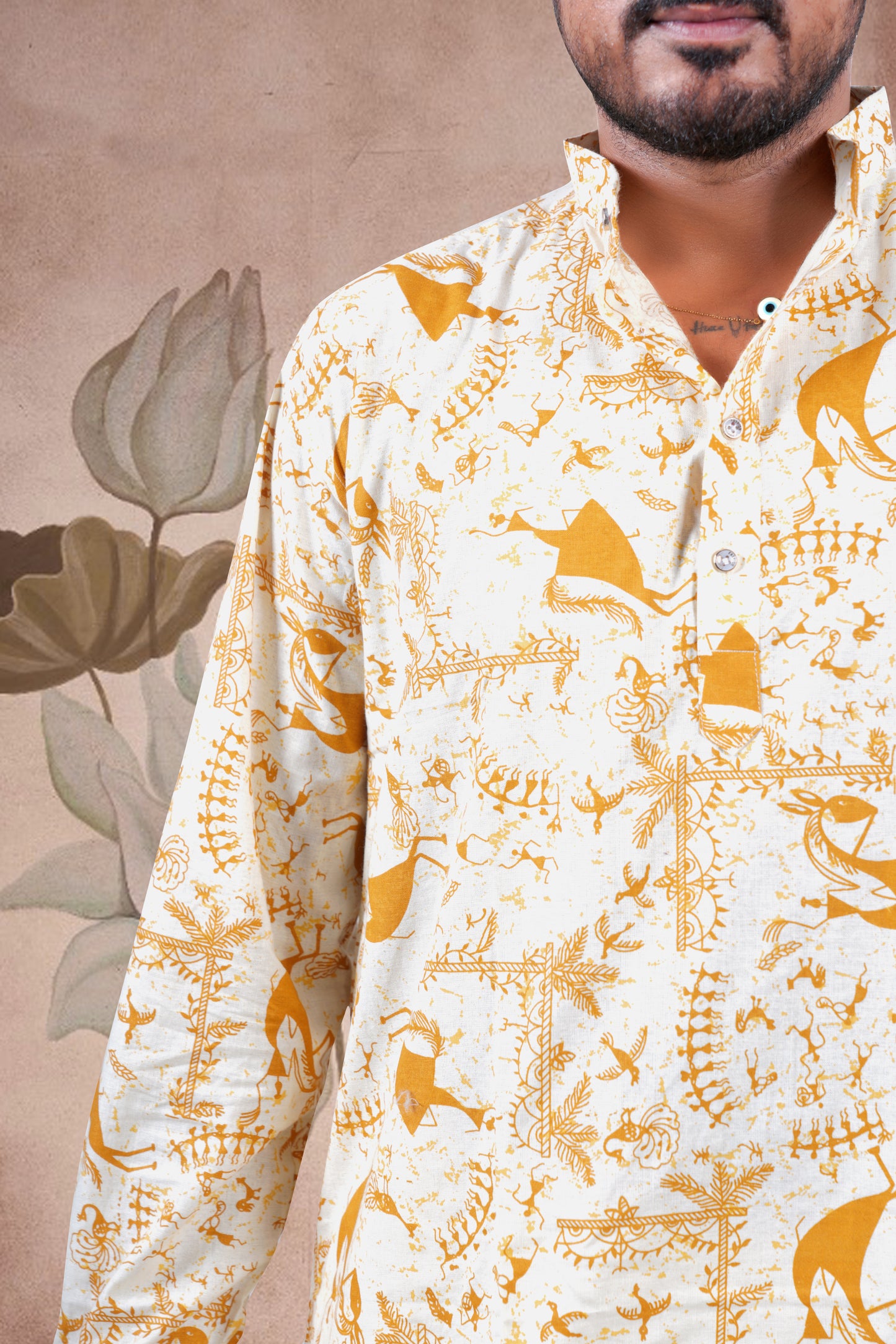 Mustard Warli Print Cotton Short Kurta