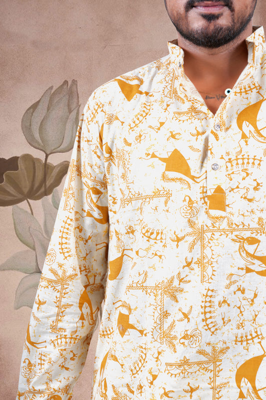Mustard Warli Print Cotton Short Kurta