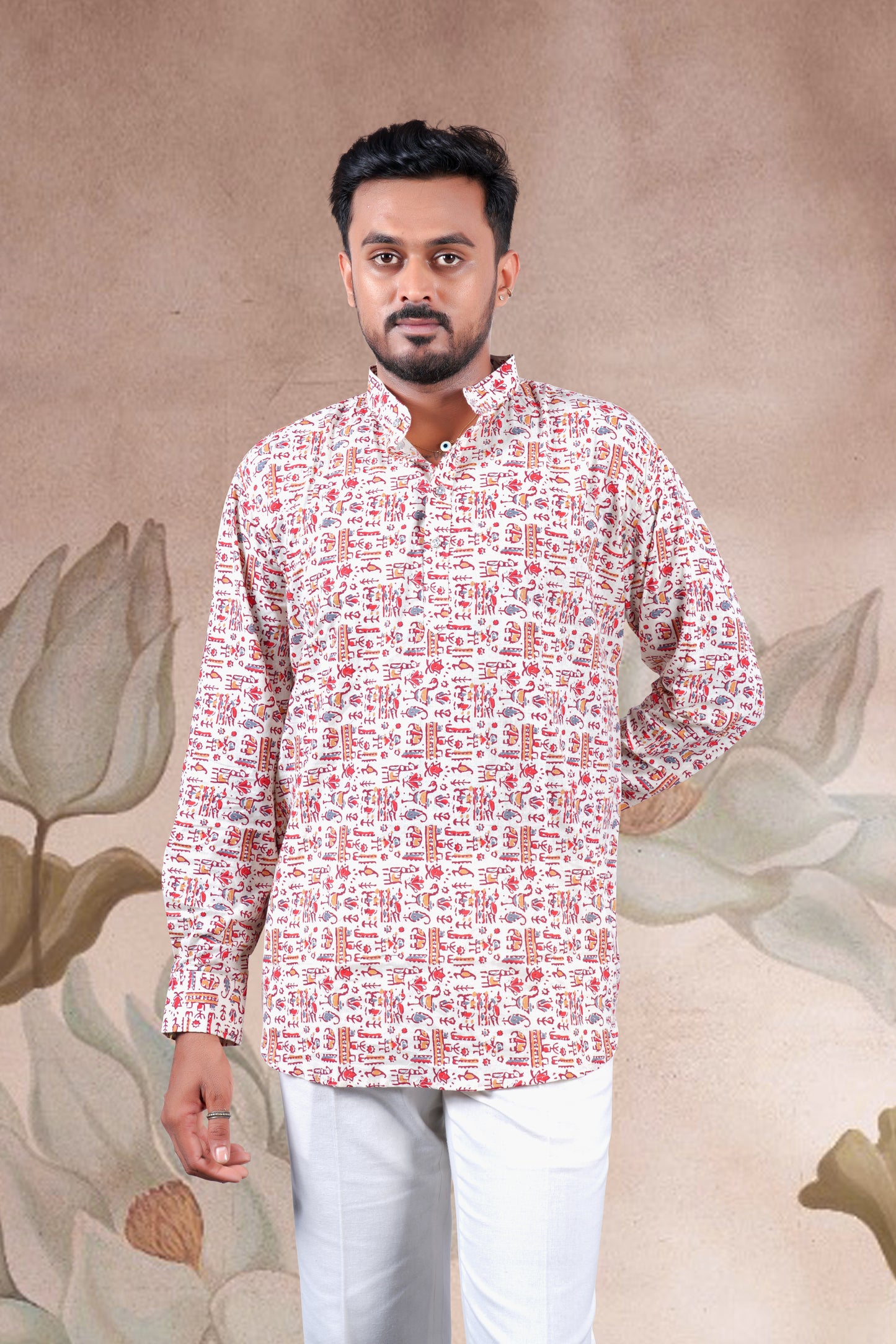 Cream Animal Skin Print Cotton Short Kurta