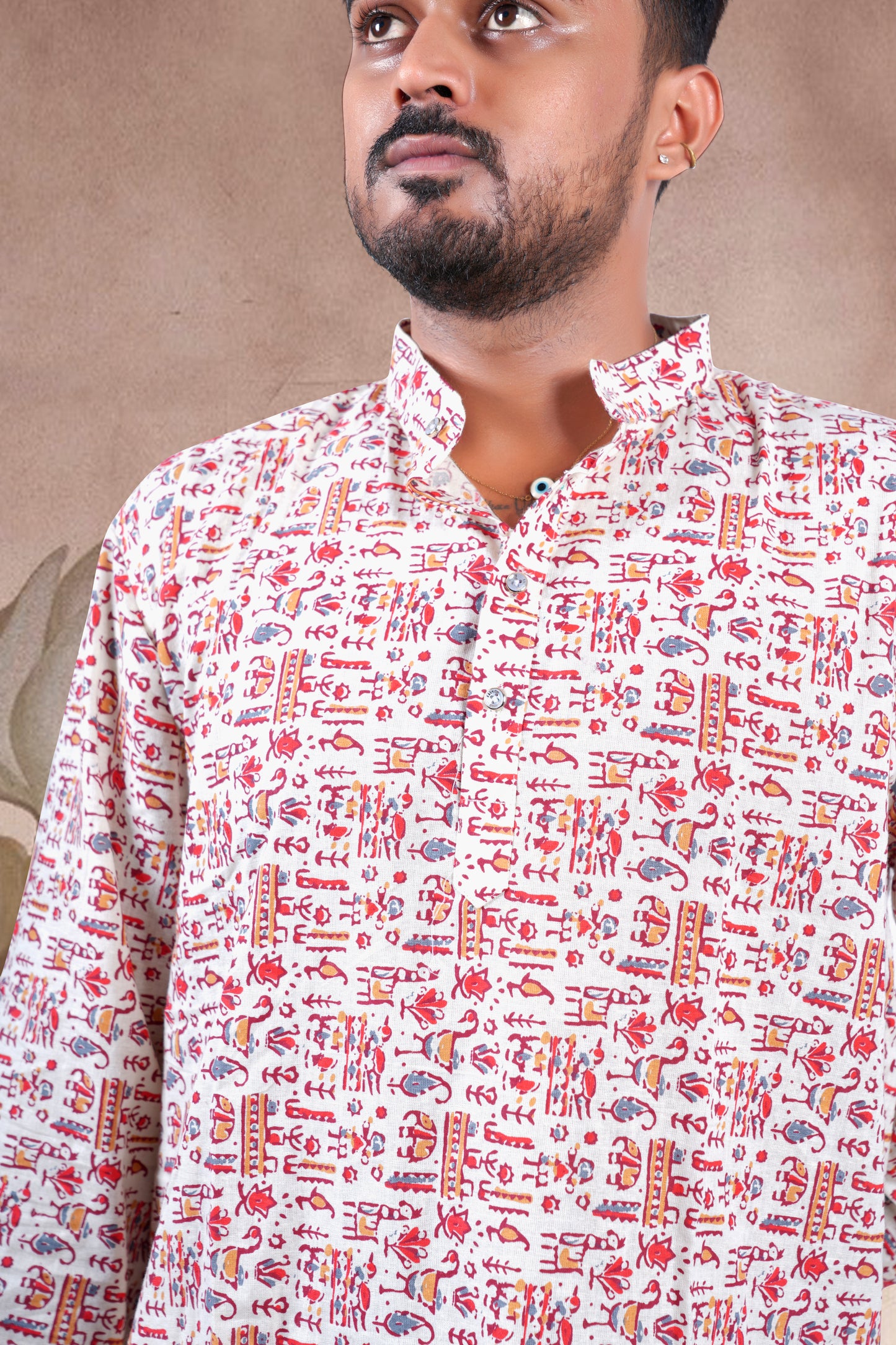 Cream Animal Skin Print Cotton Short Kurta