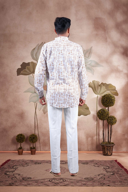 White Warli Art Printed Cotton Short Kurta