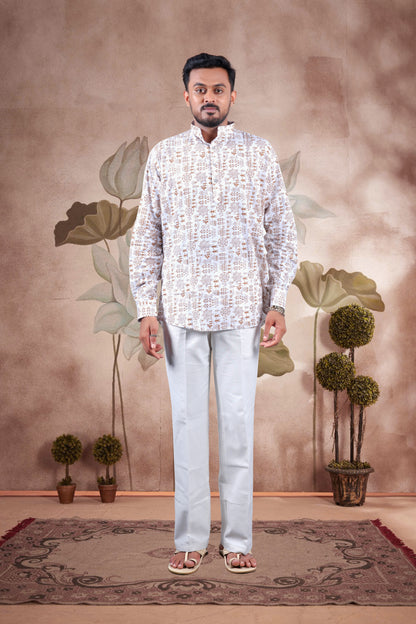 White Warli Art Printed Cotton Short Kurta