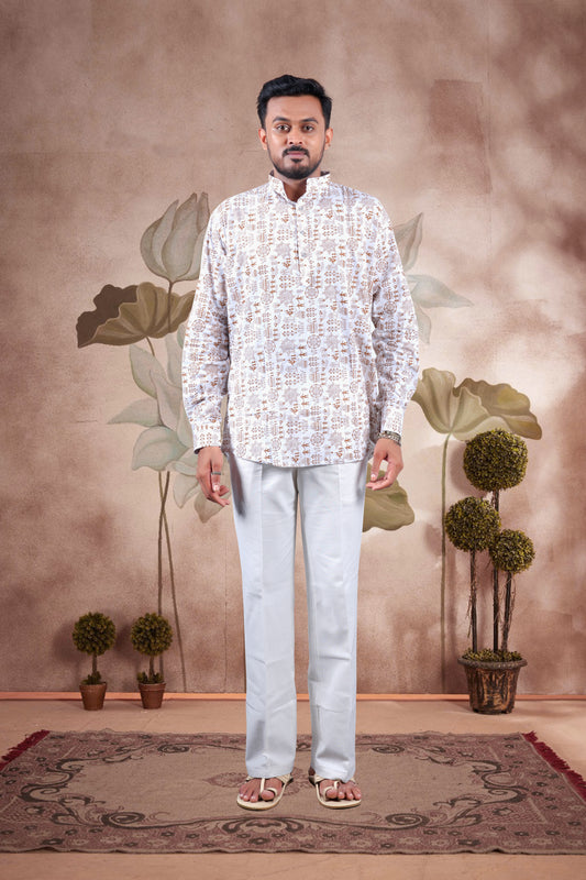 White Warli Art Printed Cotton Short Kurta