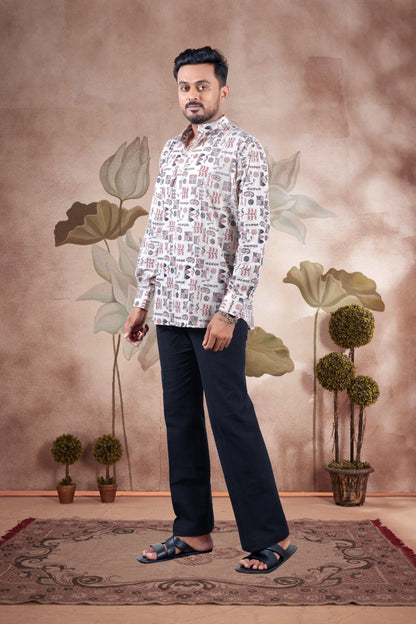 Beige Tribal Print Cotton Short Kurta