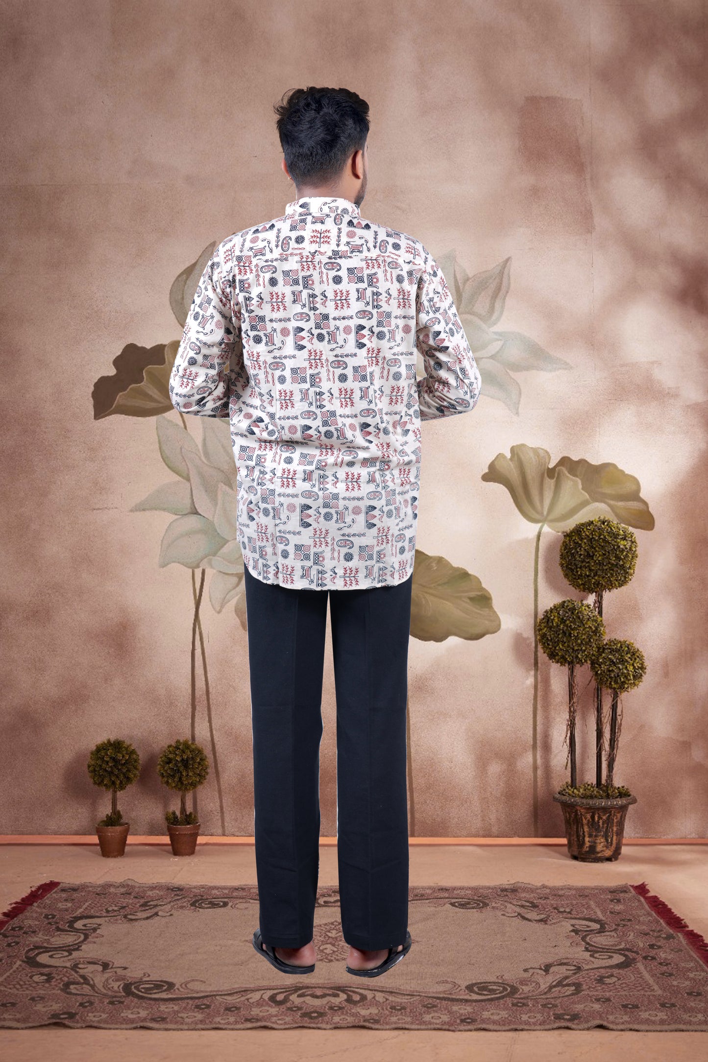 Beige Tribal Print Cotton Short Kurta