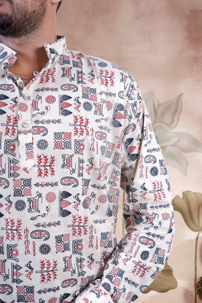 Beige Tribal Print Cotton Short Kurta